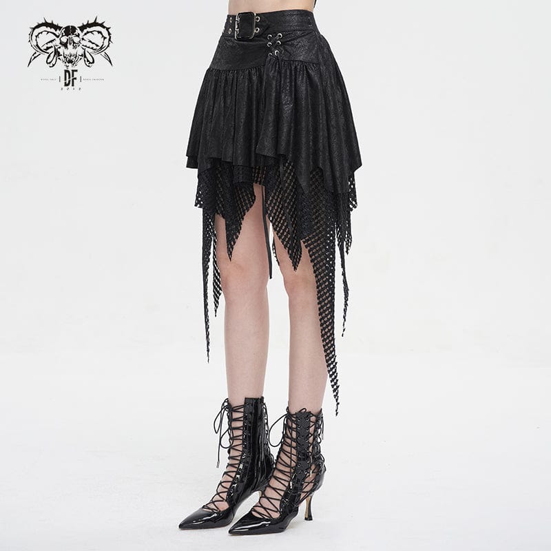 DEVIL FASHION Women's Gothic Irregular Mesh Splice Buckle Skirt Black