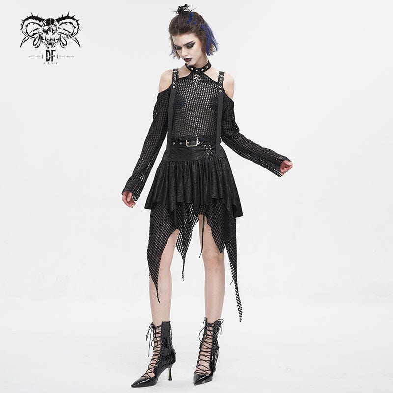 DEVIL FASHION Women's Gothic Irregular Mesh Splice Buckle Skirt Black