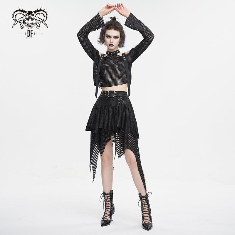 DEVIL FASHION Women's Gothic Irregular Mesh Splice Buckle Skirt Black