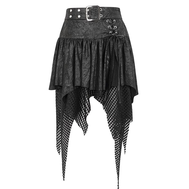 DEVIL FASHION Women's Gothic Irregular Mesh Splice Buckle Skirt Black