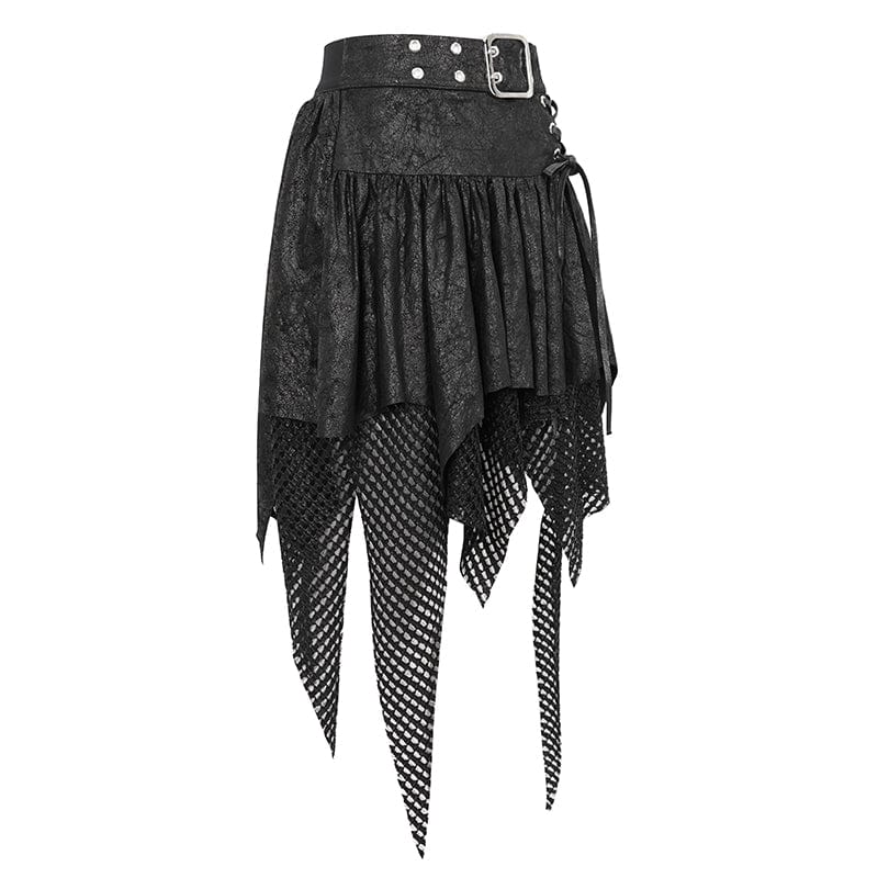 DEVIL FASHION Women's Gothic Irregular Mesh Splice Buckle Skirt Black