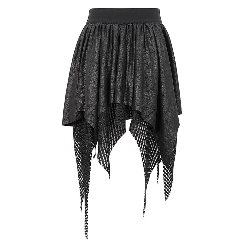 DEVIL FASHION Women's Gothic Irregular Mesh Splice Buckle Skirt Black