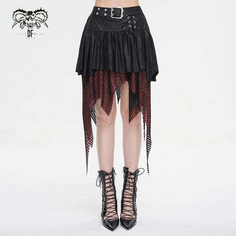 DEVIL FASHION Women's Gothic Irregular Mesh Splice Buckle Skirt Red