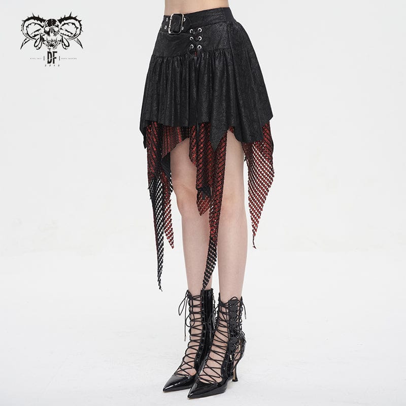 DEVIL FASHION Women's Gothic Irregular Mesh Splice Buckle Skirt Red