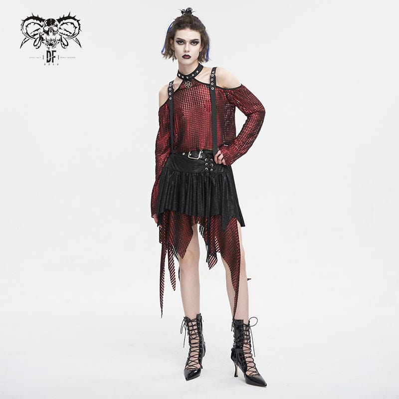 DEVIL FASHION Women's Gothic Irregular Mesh Splice Buckle Skirt Red