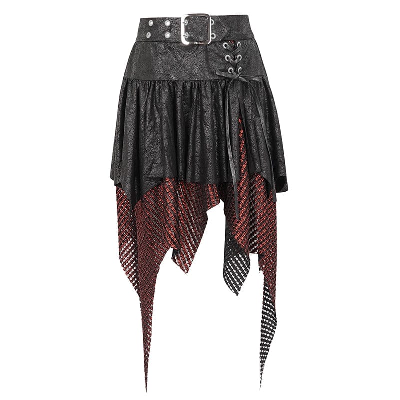 DEVIL FASHION Women's Gothic Irregular Mesh Splice Buckle Skirt Red