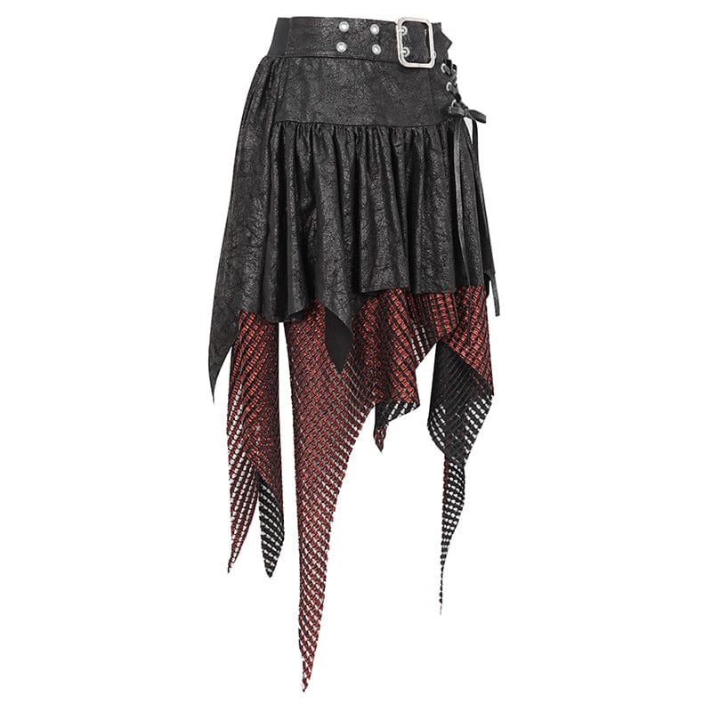 DEVIL FASHION Women's Gothic Irregular Mesh Splice Buckle Skirt Red