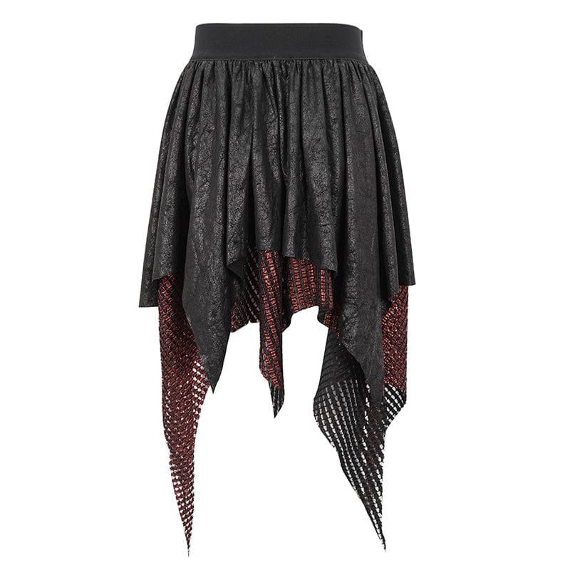 DEVIL FASHION Women's Gothic Irregular Mesh Splice Buckle Skirt Red