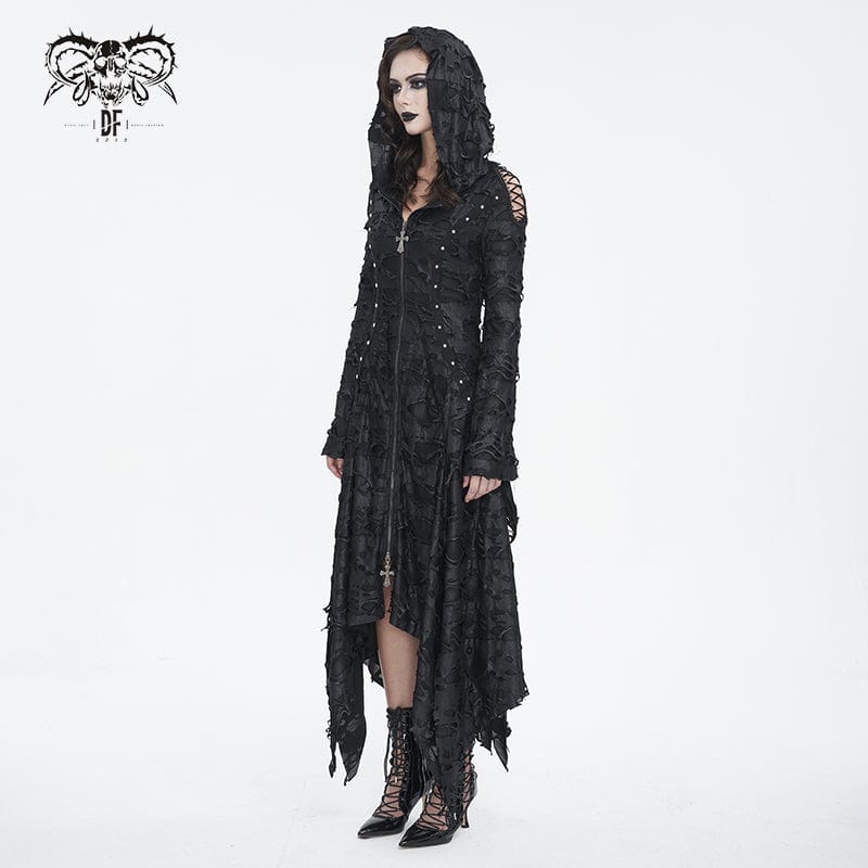 DEVIL FASHION Women's Gothic Irregular Ripped Long Sleeved Hem Dress with Hood