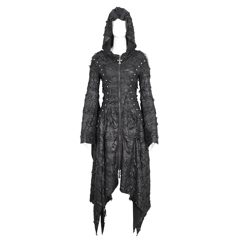 DEVIL FASHION Women's Gothic Irregular Ripped Long Sleeved Hem Dress with Hood