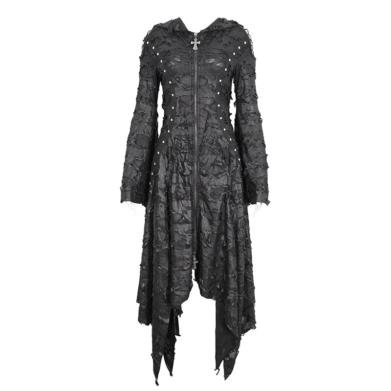 DEVIL FASHION Women's Gothic Irregular Ripped Long Sleeved Hem Dress with Hood