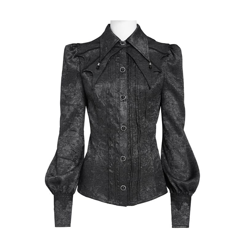 DEVIL FASHION Women's Gothic Jacquard Batwing Shoulder Flap Shirt with Necktie Black