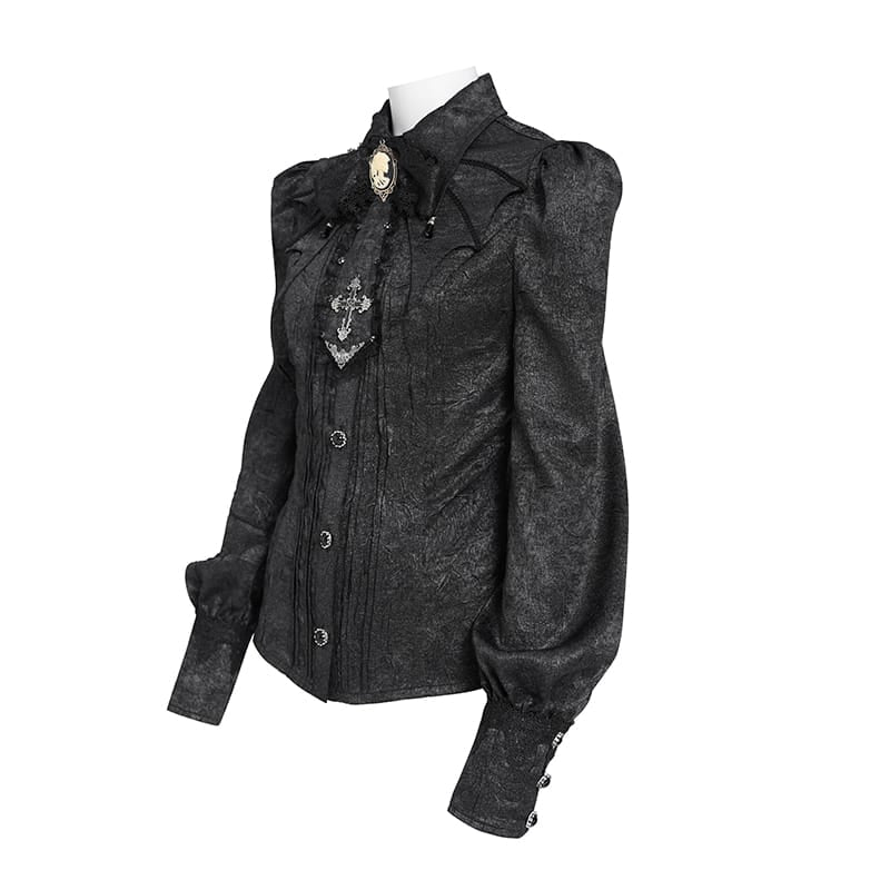DEVIL FASHION Women's Gothic Jacquard Batwing Shoulder Flap Shirt with Necktie Black