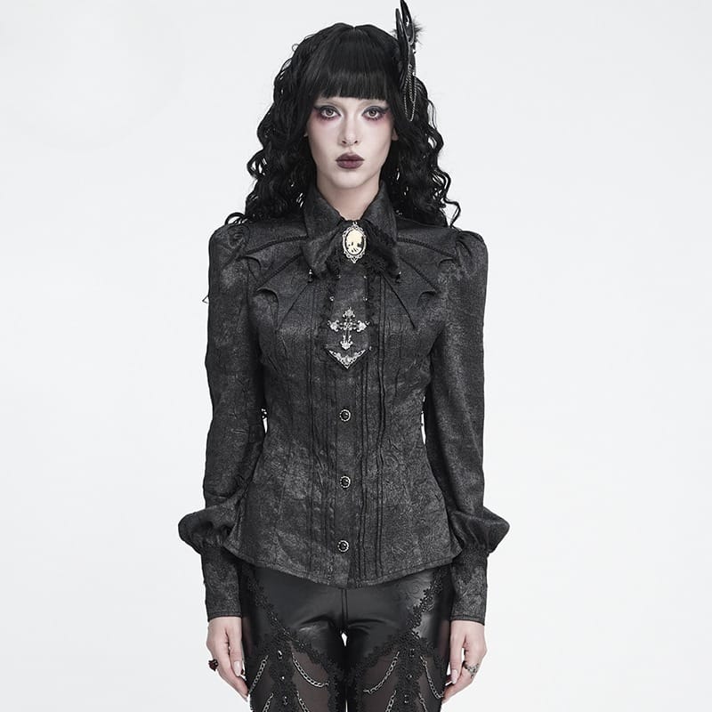 DEVIL FASHION Women's Gothic Jacquard Batwing Shoulder Flap Shirt with Necktie Black