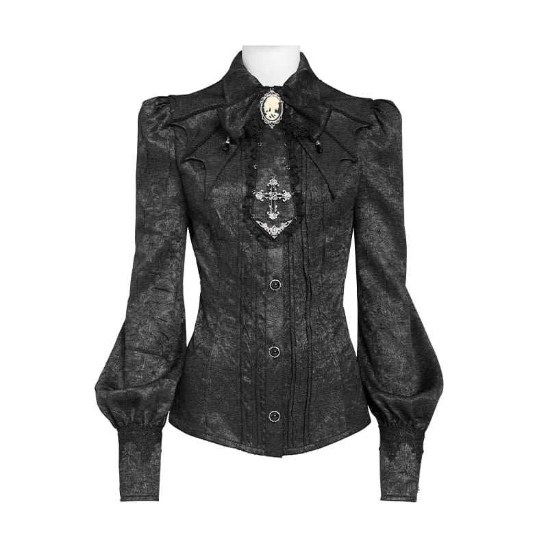 DEVIL FASHION Women's Gothic Jacquard Batwing Shoulder Flap Shirt with Necktie Black