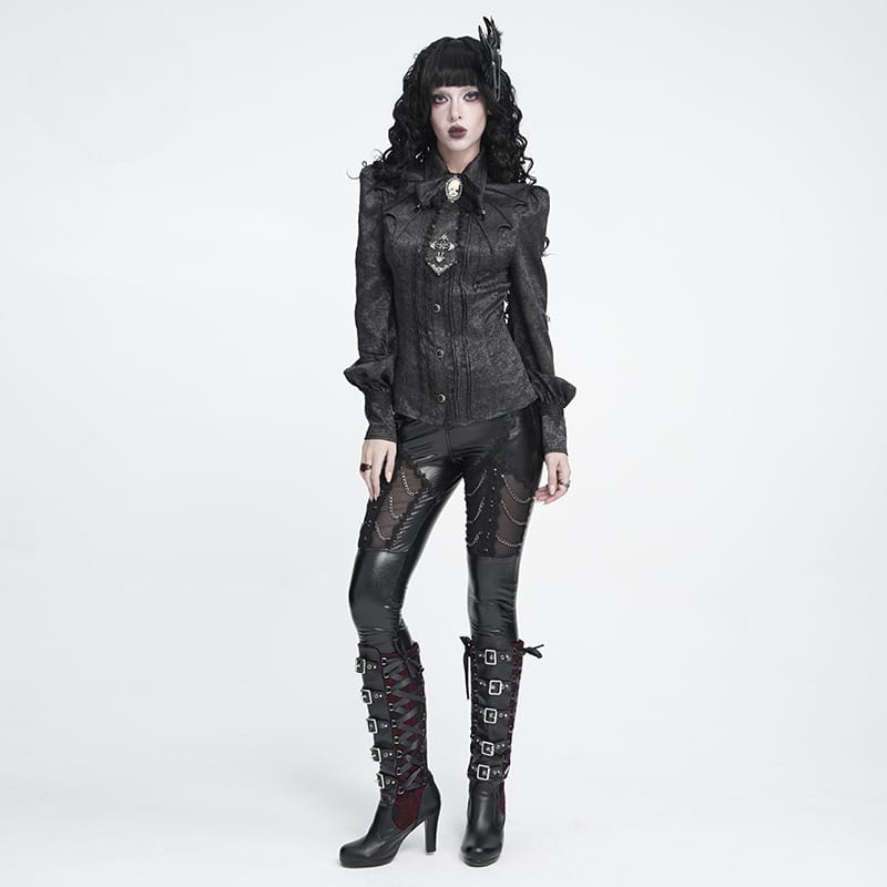 DEVIL FASHION Women's Gothic Jacquard Batwing Shoulder Flap Shirt with Necktie Black