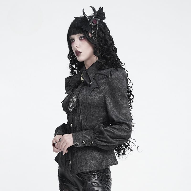 DEVIL FASHION Women's Gothic Jacquard Batwing Shoulder Flap Shirt with Necktie Black