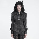 DEVIL FASHION Women's Gothic Jacquard Batwing Shoulder Flap Shirt with Necktie Black