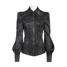 DEVIL FASHION Women's Gothic Jacquard Batwing Shoulder Flap Shirt with Necktie Black