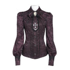 DEVIL FASHION Women's Gothic Jacquard Batwing Shoulder Flap Shirt with Necktie Red