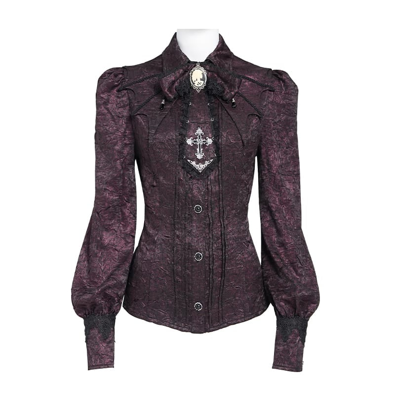 DEVIL FASHION Women's Gothic Jacquard Batwing Shoulder Flap Shirt with Necktie Red