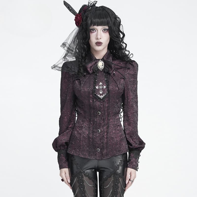 DEVIL FASHION Women's Gothic Jacquard Batwing Shoulder Flap Shirt with Necktie Red