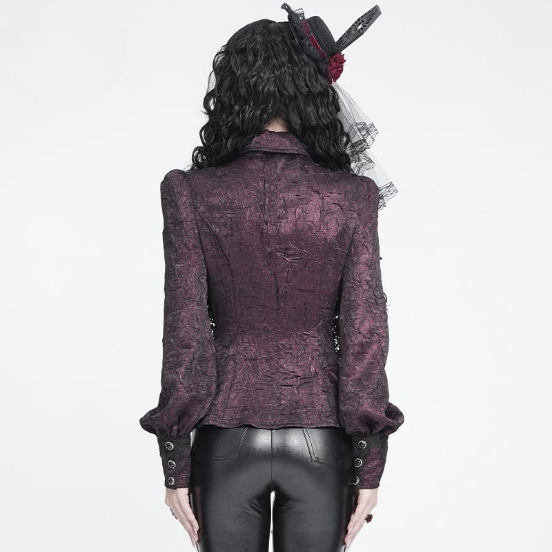DEVIL FASHION Women's Gothic Jacquard Batwing Shoulder Flap Shirt with Necktie Red