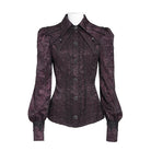 DEVIL FASHION Women's Gothic Jacquard Batwing Shoulder Flap Shirt with Necktie Red