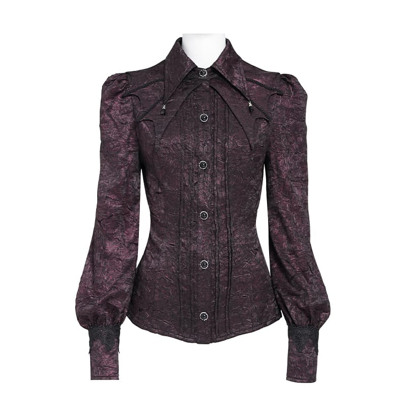 DEVIL FASHION Women's Gothic Jacquard Batwing Shoulder Flap Shirt with Necktie Red