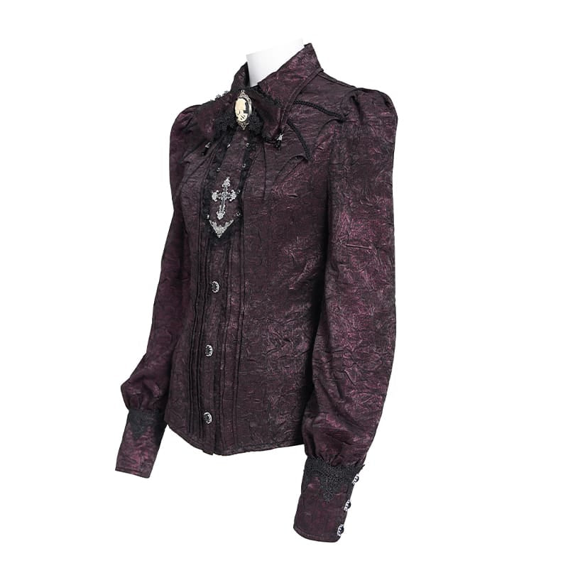 DEVIL FASHION Women's Gothic Jacquard Batwing Shoulder Flap Shirt with Necktie Red