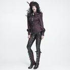 DEVIL FASHION Women's Gothic Jacquard Batwing Shoulder Flap Shirt with Necktie Red