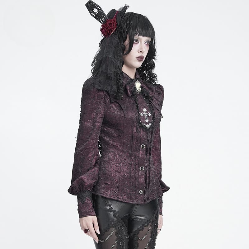 DEVIL FASHION Women's Gothic Jacquard Batwing Shoulder Flap Shirt with Necktie Red