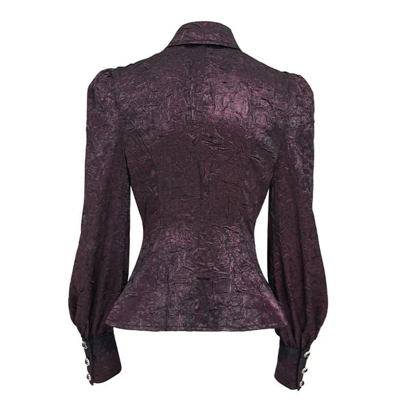 DEVIL FASHION Women's Gothic Jacquard Batwing Shoulder Flap Shirt with Necktie Red