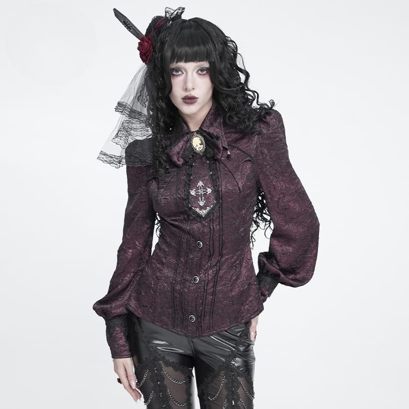 DEVIL FASHION Women's Gothic Jacquard Batwing Shoulder Flap Shirt with Necktie Red