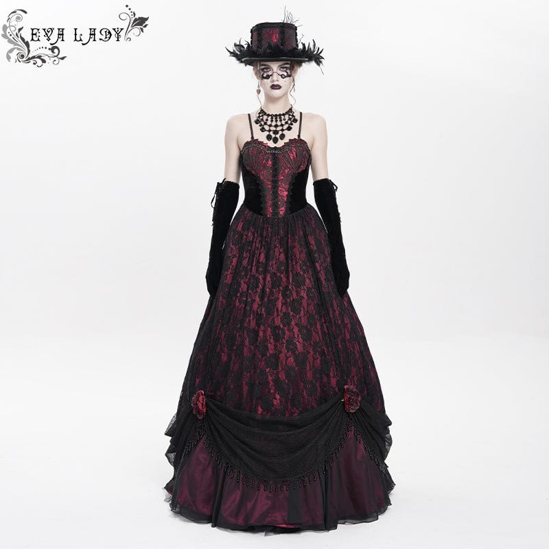 DEVIL FASHION Women's Gothic Jacquard Floral Beaded Long Slip Dress