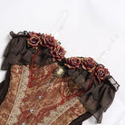 DEVIL FASHION Women's Gothic Jacquard Rose Overbust Corset with Asymmetrical Draped Sheer Chiffon Tails