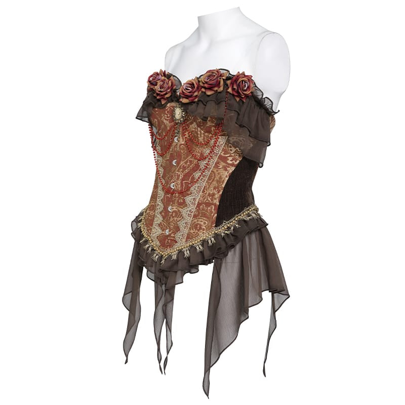 DEVIL FASHION Women's Gothic Jacquard Rose Overbust Corset with Asymmetrical Draped Sheer Chiffon Tails
