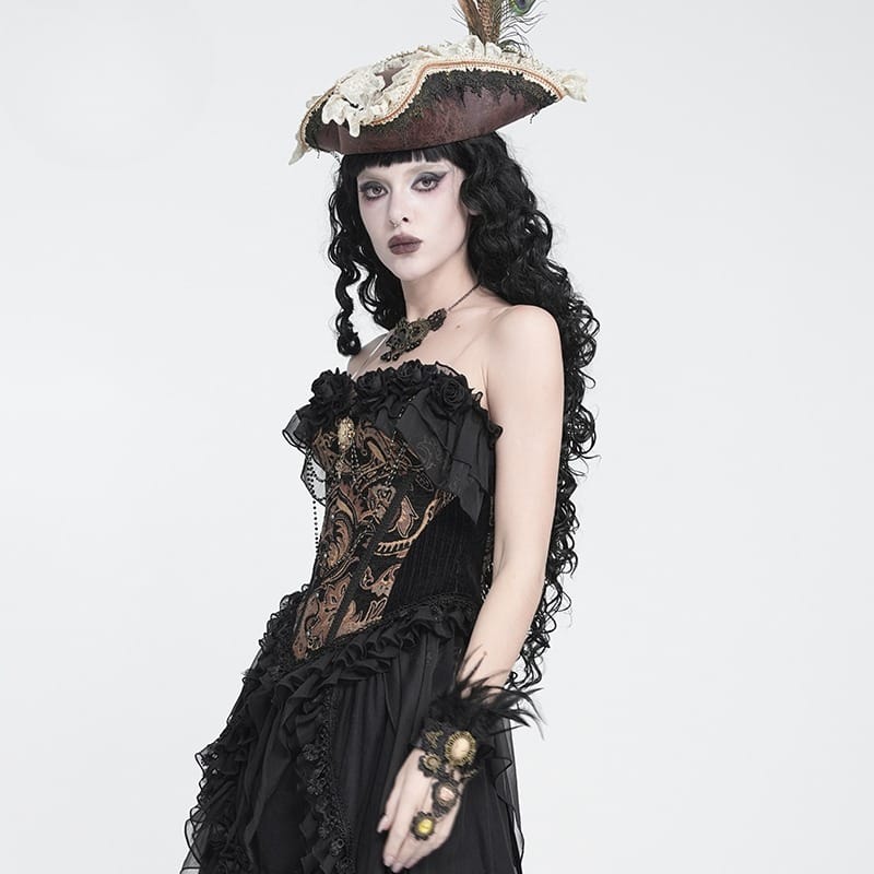 DEVIL FASHION Women's Gothic Jacquard Rose Overbust Corset with Asymmetrical Flowy Chiffon Hems