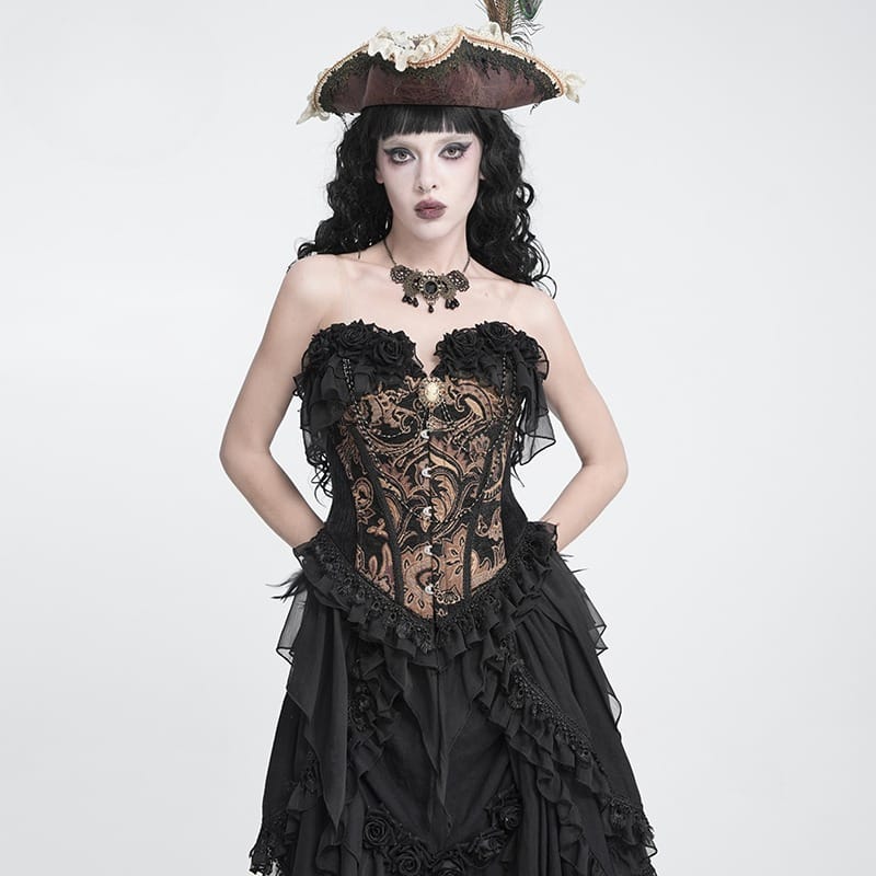 DEVIL FASHION Women's Gothic Jacquard Rose Overbust Corset with Asymmetrical Flowy Chiffon Hems