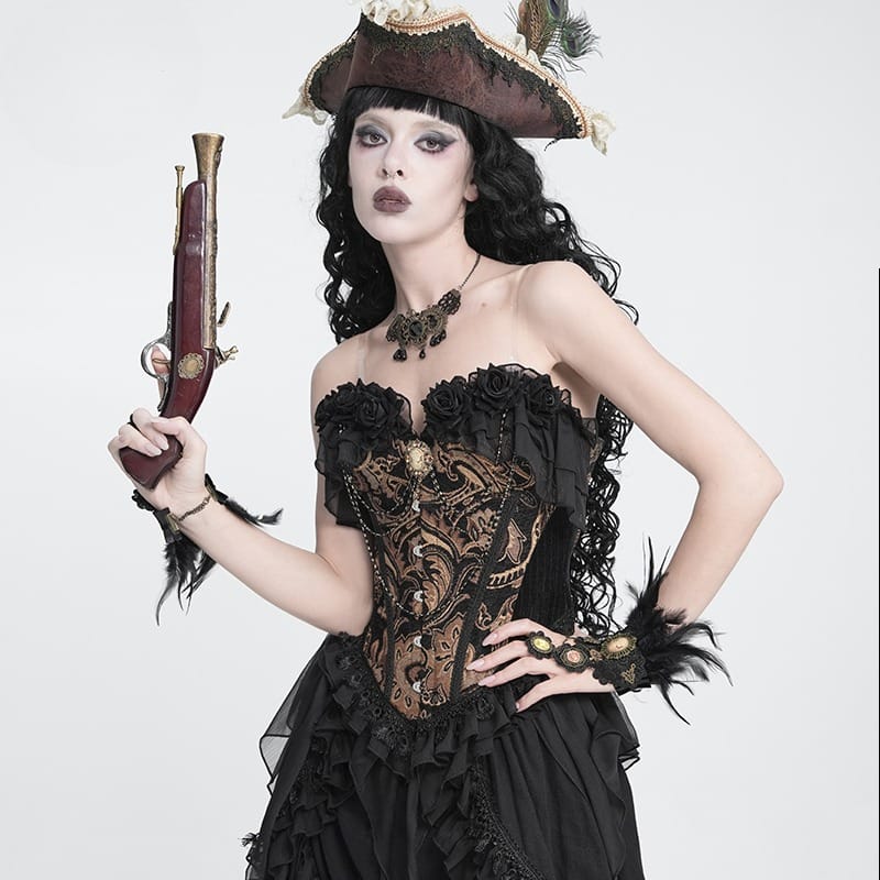 DEVIL FASHION Women's Gothic Jacquard Rose Overbust Corset with Asymmetrical Flowy Chiffon Hems