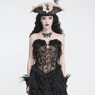 DEVIL FASHION Women's Gothic Jacquard Rose Overbust Corset with Asymmetrical Flowy Chiffon Hems