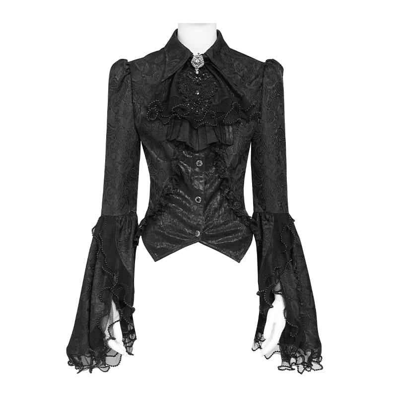 DEVIL FASHION Women's Gothic Jacquard Swallow Tail Flare Sleeve Blouse with Necktie Black