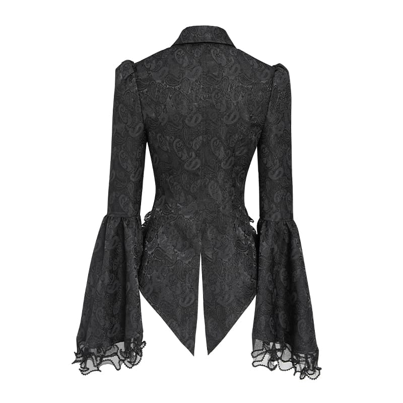DEVIL FASHION Women's Gothic Jacquard Swallow Tail Flare Sleeve Blouse with Necktie Black