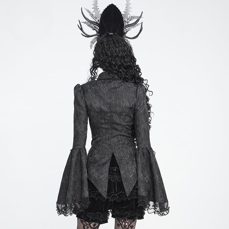 DEVIL FASHION Women's Gothic Jacquard Swallow Tail Flare Sleeve Blouse with Necktie Black