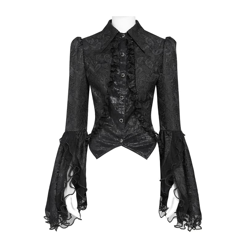 DEVIL FASHION Women's Gothic Jacquard Swallow Tail Flare Sleeve Blouse with Necktie Black