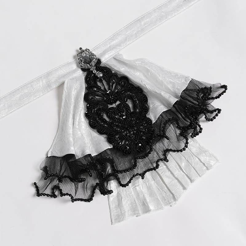DEVIL FASHION Women's Gothic Jacquard Swallow Tail Flare Sleeve Blouse with Necktie White