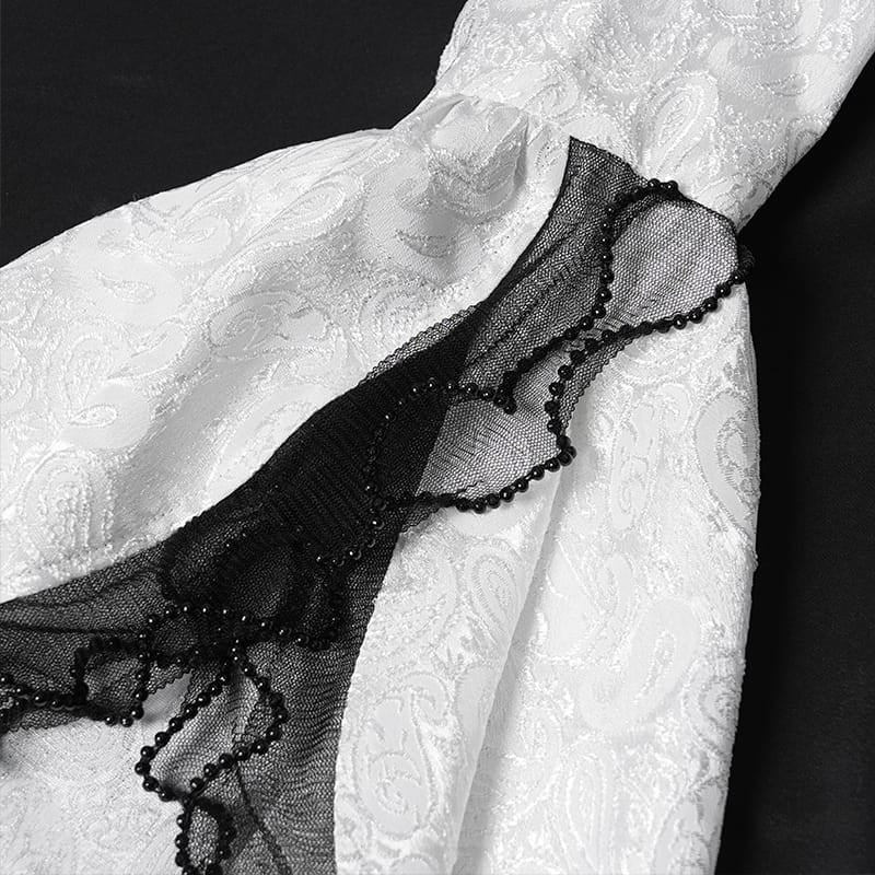 DEVIL FASHION Women's Gothic Jacquard Swallow Tail Flare Sleeve Blouse with Necktie White