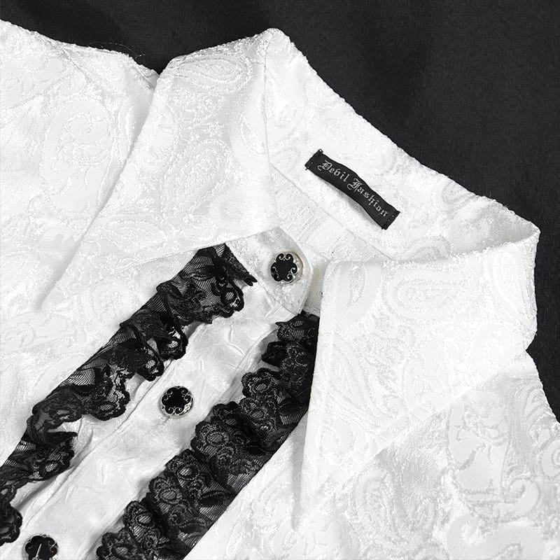 DEVIL FASHION Women's Gothic Jacquard Swallow Tail Flare Sleeve Blouse with Necktie White