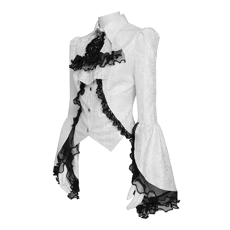 DEVIL FASHION Women's Gothic Jacquard Swallow Tail Flare Sleeve Blouse with Necktie White