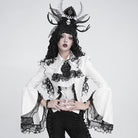 DEVIL FASHION Women's Gothic Jacquard Swallow Tail Flare Sleeve Blouse with Necktie White